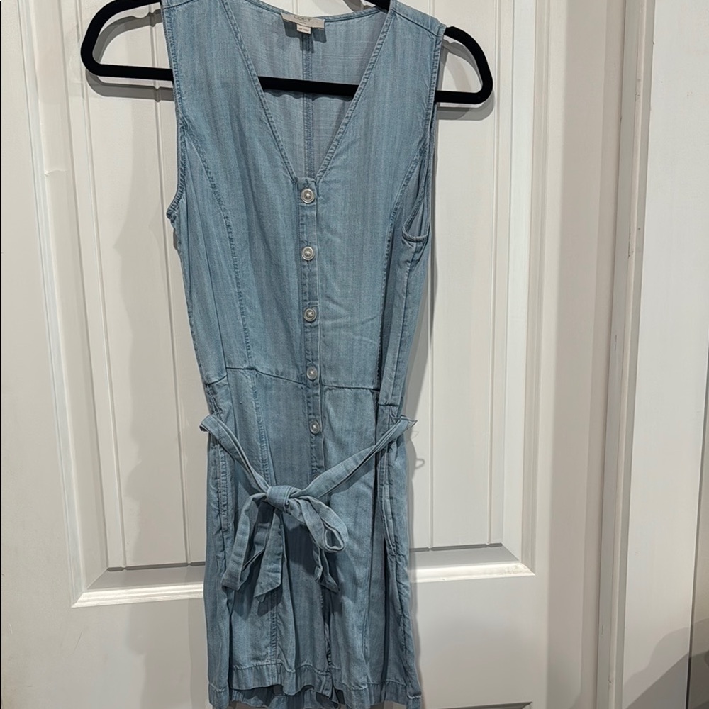 Sleeveless Light Blue Chambray Romper with Tie Waist